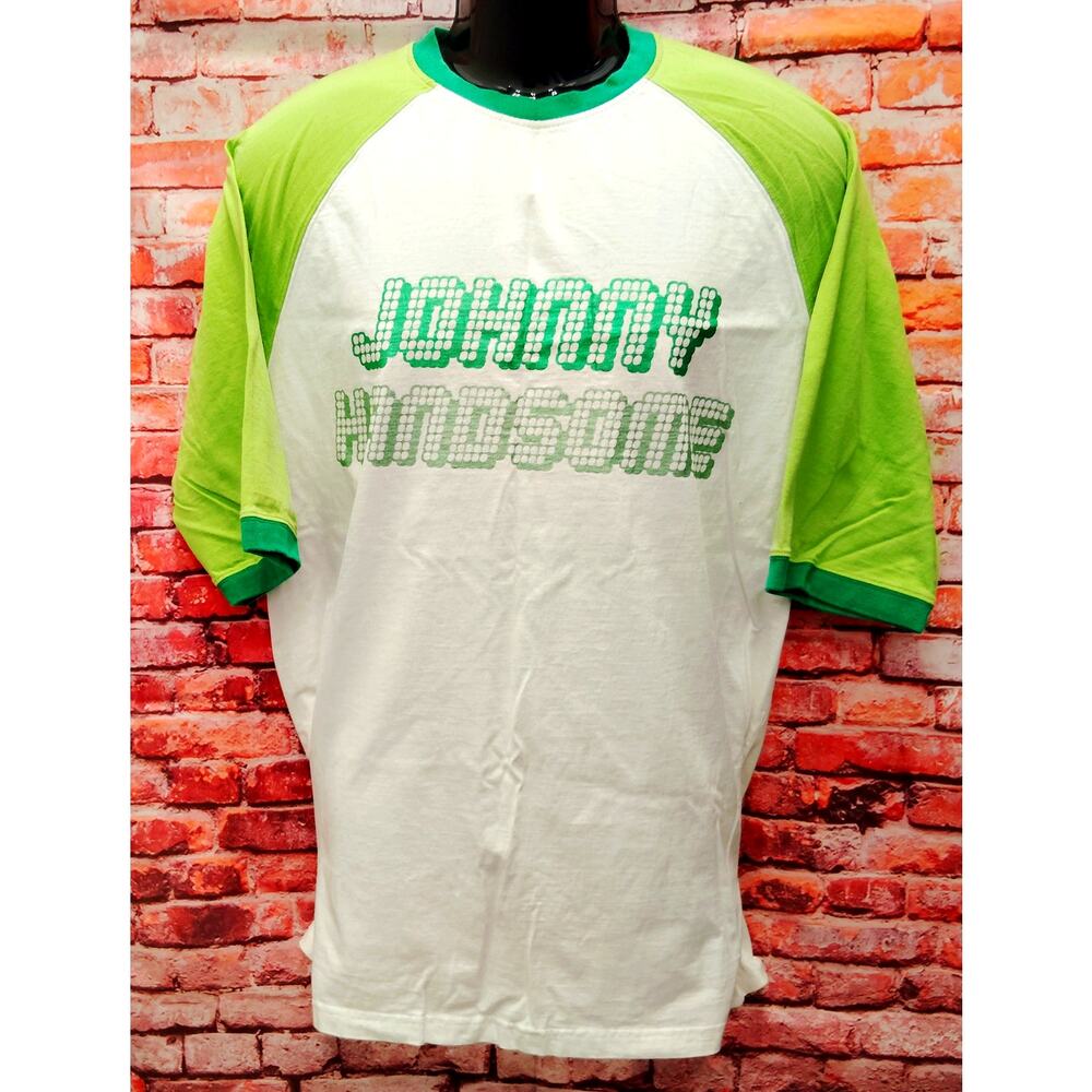 Johnny Handsome T-Shirt Men's Medium White Green Spell Out Logo Short Sleeve